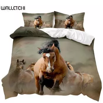Пододеяльник с изображением лошади, комплект постельного белья с изображением бегущих коричневых лошадей, 3D-покрывало из полиэстера с изображением дикой лошади размера Queen King Size EU single(135x200cm)