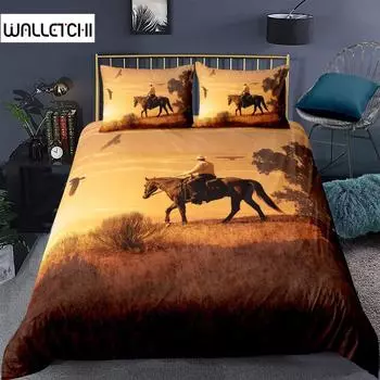 Пододеяльник с изображением лошади, комплект постельного белья с изображением животных для детей и подростков, ковбойский западный пейзаж с закатом, двуспальный, размера «king-size», полиэстеровый чехол-кулит EU single(135x200cm)