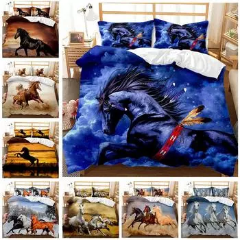 Пододеяльник с изображением лошади, одеяло с изображением животных для взрослых подростков и детей, комплект постельного белья из 3 предметов с 2 наволочками EU single(135x200cm)