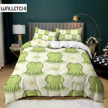 Пододеяльник с изображением лягушки из мультфильма, светло-зеленый комплект постельного белья с изображением лягушек из мультфильма, милый комплект постельного белья с изображением стрекозы для детей, размер Twin, полиэстер, пододеяльник EU single(135x200