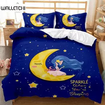 Пододеяльник с изображением луны и звезд для мальчиков и девочек, комплект постельного белья, двуспальный, размера «king-size», полиэстеровый чехол-одеяло EU single(135x200cm)