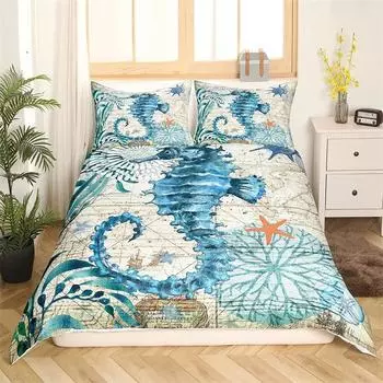 Пододеяльник с изображением морского конька, постельное белье с принтом морского конька, морской средиземноморский стиль, бирюзовый океан, животные, тема океана, парк, для детей и женщин, подарки 135x200cm 2pcs