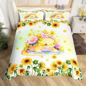 Пододеяльник с изображением мультяшного аксолотля размера Queen, комплект постельного белья с изображением подсолнуха, милый цветочный узор, покрывало с изображением животных, акварельное желтое одеяло EU Single(135x200cm)
