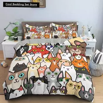 Пододеяльник с изображением мультяшного кота, короля и королевы, красочный комплект постельного белья с изображением милых животных, детский питомец, котенок, мягкий полиэстеровый чехол для одеяла US Queen(228x228cm)