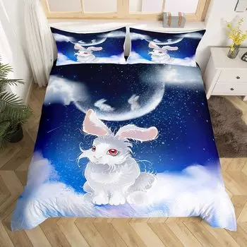 Пододеяльник с изображением мультяшного кролика, милый стеганый чехол для пододеяльника «Животное на Луне», микрофибра, комплект постельного белья «Облако, галактика, космос» для мальчика и девочки, подарок EU single(135x200cm)