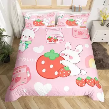 Пододеяльник с изображением мультяшного кролика, комплект постельного белья с изображением сладкого клубничного молока, милые животные, фрукты, пододеяльник, симпатичные розовые звезды, пододеяльник EU Single(135x200cm)