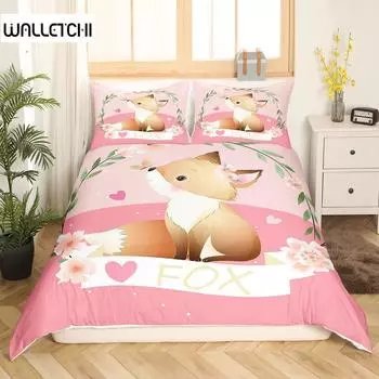 Пододеяльник с изображением мультяшной лисы, милый кавайный комплект с изображением диких животных, размер King Queen, полиэстеровый чехол с наволочкой для детей и подростков EU single(135x200cm)