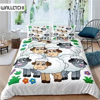 Пододеяльник с изображением мультяшной семьи овец, фермерских животных, покрывало для детей, мальчиков и девочек, пастбищных овец, покрывало для детской комнаты, декор EU single(135x200cm)