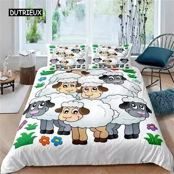 Пододеяльник с изображением мультяшной семьи овец, фермерских животных, покрывало для детей, мальчиков и девочек, пастбищных овец, покрывало для детской комнаты, декор US Queen(228x228cm)