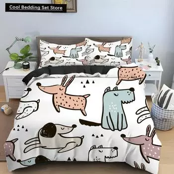 Пододеяльник с изображением мультяшной собаки, короля и королевы, комплект постельного белья с изображением щенка и животных, 2/3 предмета из полиэстера, чехол для одеяла EU single(135x200cm)