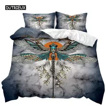 Пододеяльник с изображением насекомых, комплект постельного белья в винтажном стиле со стрекозой, наволочка, двуспальная кровать размера «king-size», полиэстеровый чехол для кровати US Queen(228x228cm)