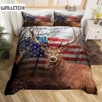 Пододеяльник с изображением оленя, американский флаг, декор в виде лося, комплект постельного белья для мальчиков и подростков, тема диких животных, мягкий полиэстеровый пододеяльник EU single(135x200cm)