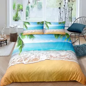 Пододеяльник с изображением пальмы и океана, комплект из полиэстера с морской волной, тропические листья, гавайский принт для детей и подростков EU single(135x200cm)
