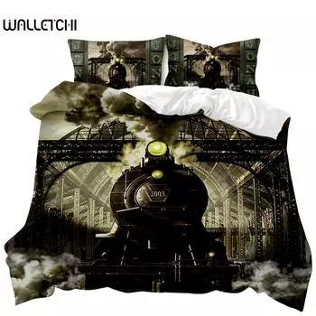 Пододеяльник с изображением паровоза, цифровая иллюстрация локомотива на стальных железнодорожных путях, приключенческий арт, полиэстеровый чехол-кулит EU single(135x200cm)