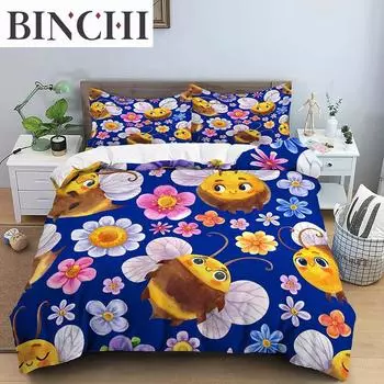 Пододеяльник с изображением пчелы из мультфильма King Queen, милый желтый комплект постельного белья с изображением летающих животных для мальчиков и девочек, красивый покрывало с цветами EU single(135x200cm)