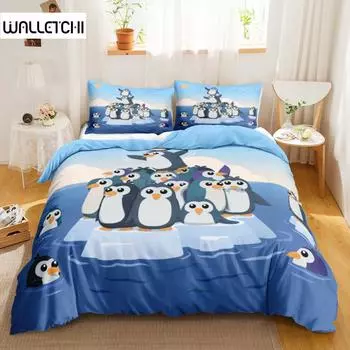 Пододеяльник с изображением пингвина, антарктические животные, пододеяльник для детей, мальчиков и девочек, мультяшный стиль, двойной размер, зимний королевский полиэстеровый чехол-кулит EU single(135x200cm)