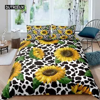 Пододеяльник с изображением подсолнуха, комплект постельного белья Queen, комплект постельного белья с изображением коровы, черно-белый абстрактный комплект постельного белья с изображением листьев растений, полиэстеровый пододеяльник EU single(135x200cm)