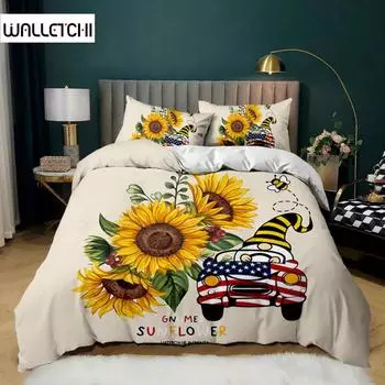 Пододеяльник с изображением подсолнуха Желтый цветок Американский безликий человек Водитель автомобиля Комплект постельного белья из полиэстера Покрывало в деревенском стиле EU single(135x200cm)