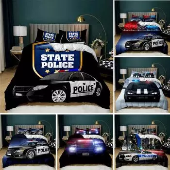 Пододеяльник с изображением полицейской машины, черный комплект постельного белья с изображением полицейской машины, чехол для одеяла с изображением мультяшной машины, красный чехол с изображением полицейских огней из полиэстера 70x133cm 2pcs