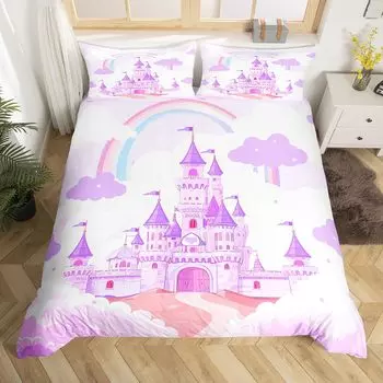 Пододеяльник с изображением радужного замка King Queen Kids Girls Cartoon Girly Комплект постельного белья Princess Castle, пододеяльник для спальни, покрывало EU Single(135x200cm)