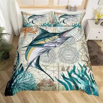 Пододеяльник с изображением рыбы-меч «Марлин» Kawaii Marine Life, комплект постельного белья из микрофибры, тема океана, большая рыба-щука, пододеяльник для односпальной кровати, двуспальная кровать EU Single 135x200cm