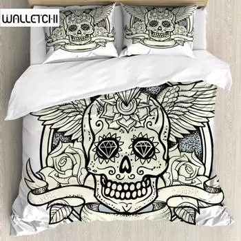 Пододеяльник с изображением сахарного черепа и роз, комплект постельного белья из полиэстера в стиле винтажного возрождения, двуспальная кровать размера «king-size» EU single(135x200cm)