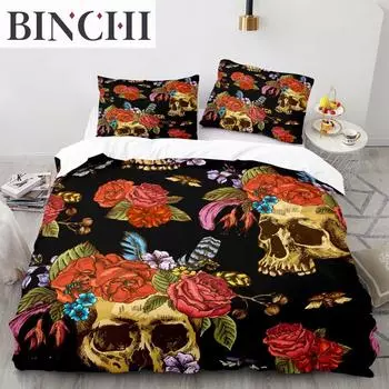 Пододеяльник с изображением сахарного черепа King Microfiber Rose Комплект постельного белья с цветочным рисунком Череп, черный, красный, оранжевый, скелет, двойной пододеяльник EU single(135x200cm)