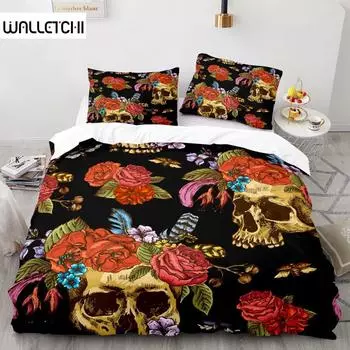 Пододеяльник с изображением сахарного черепа King Microfiber Rose Комплект постельного белья с цветочным рисунком Череп, черный, красный, оранжевый, скелет, двойной пододеяльник EU single(135x200cm)