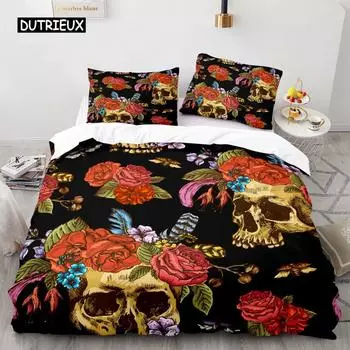 Пододеяльник с изображением сахарного черепа King Microfiber Rose Комплект постельного белья с цветочным рисунком Череп, черный, красный, оранжевый, скелет, двойной пододеяльник EU single(135x200cm)
