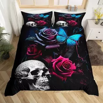 Пододеяльник с изображением сахарного черепа, красочный винтажный комплект постельного белья с цветочным рисунком, хиппи, мексиканский стиль, покрывало для одеяла, готический скелет, 3 шт., пододеяльник 70x133cm 2pcs