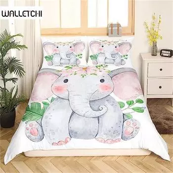 Пододеяльник с изображением слона, милого животного для девочек и мальчиков, декор комнаты Kawaii, цветочные ветки, пододеяльник с изображением слона, фиолетово-голубого цвета EU single(135x200cm)