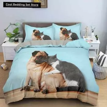 Пододеяльник с изображением собаки, кошки, короля, королевы, питомца, котенка, щенка, комплект постельного белья для детей, подростков, взрослых, милых животных, синий, мягкий, 2/3 шт., пододеяльник EU single(135x200cm)