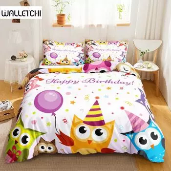 Пододеяльник с изображением совы, мультяшный комплект постельного белья с рисунком «С днем рождения», комплект постельного белья из полиэстера с милой птицей, двойной размер для детей EU single(135x200cm)