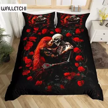 Пододеяльник с изображением влюбленного в сахарного черепа, комплект постельного белья с изображением скелета и целующейся пары, красная роза, пододеяльник с изображением смерти и любви EU Single 135x200cm