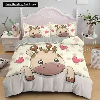 Пододеяльник с изображением жирафа из мультфильма King Queen Тропические животные Комплект постельного белья для детей Мальчики Девочки Милая дикая природа Полиэстеровый пододеяльник EU single(135x200cm)