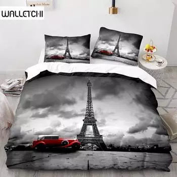 Пододеяльник с Эйфелевой башней Париж Франция Комплект постельного белья Ретро Красный грузовик Пододеяльник Город Здание Автомобиль Полиэстеровый чехол 140x200cm 3pcs