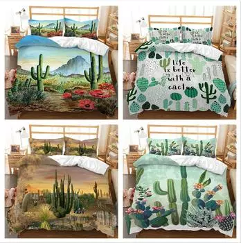 Пододеяльник с кактусом, наволочка, 2 или 3 комплекта постельного белья с растительным принтом, комплект постельного белья для семейной спальни, односпальная кровать, двуспальная кровать, полноразмерное моющееся мягкое домашнее постельное белье DE 100x135