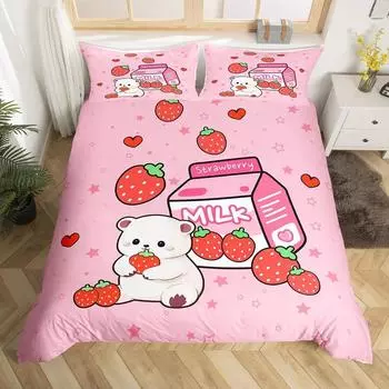 Пододеяльник с клубничным молоком King Queen, комплект постельного белья с милым медведем, мультяшными фруктами и животными, чехол с 2 наволочками EU Single 135x200cm