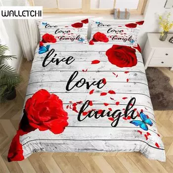 Пододеяльник с красными розами и цветочным узором King Vintage Wooden Flowers Комплект постельного белья из полиэстера Романтическое покрывало с геометрическим узором EU single(135x200cm)