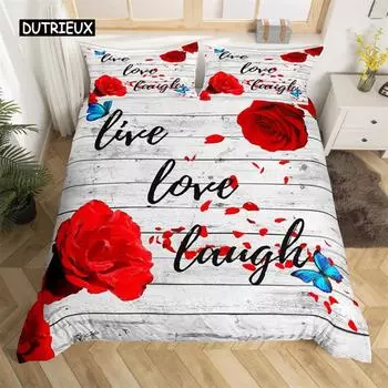 Пододеяльник с красными розами и цветочным узором King Vintage Wooden Flowers Комплект постельного белья из полиэстера Романтическое покрывало с геометрическим узором EU single(135x200cm)