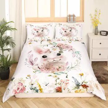 Пододеяльник с кроликом, комплект из полиэстера, пододеяльник, двойной размер, розовый цветочный для девочек и женщин, комплект постельного белья с милым кроликом и наволочкой EU single(135x200cm)