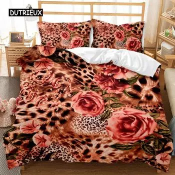 Пододеяльник с леопардовым принтом, комплект постельного белья для взрослых, комплект постельного белья с изображением леопарда и животных из Африки, размер Queen King, полиэстер, одеяло EU single(135x200cm)