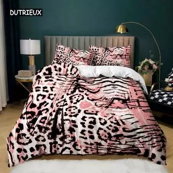 Пододеяльник с леопардовым принтом, розовый комплект постельного белья с принтом гепарда, покрывало с изображением диких животных для девочек-подростков из микрофибры EU single(135x200cm)