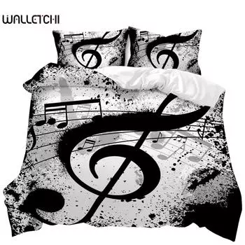 Пододеяльник с музыкальным принтом Музыка с музыкальным ключом G-Clef Черный комплект постельного белья для двоих с музыкальным инструментом Монохромный креативный ритмичный декоративный полиэстеровый чехол для одеяла EU single(135x200cm)
