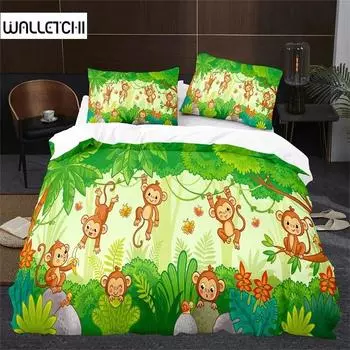 Пододеяльник с обезьяной King Queen, милый комплект постельного белья с изображением животных из мультфильмов для детей, мальчиков и девочек, зеленый, с изображением деревьев джунглей, 2/3 шт., полиэстер, пододеяльник 135x200cm 2pcs