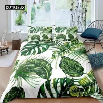 Пододеяльник с пальмовыми листьями King Full Banana Leaves Комплект постельного белья Hawaiian Tropical Leaves Green Branches 23 шт. Полиэстеровый пододеяльник US King 264x228cm