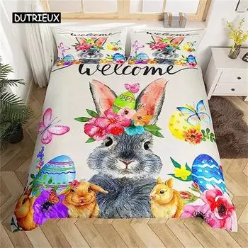 Пододеяльник с пасхальным кроликом, пасхальный комплект постельного белья с цветочным рисунком, милый кролик, питомец, размер Queen Kawaii, подарки на Пасху для малышей EU single(135x200cm)