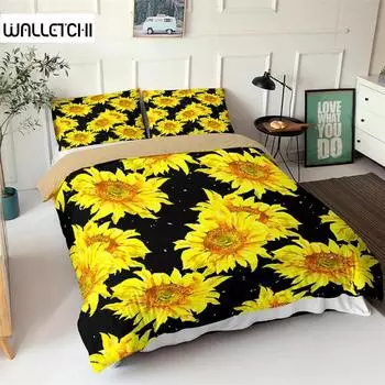Пододеяльник с подсолнухами, комплект постельного белья с желтыми цветами, полиэстер, черный, золотой, желтый, с принтом подсолнухов, пододеяльник для детей и подростков EU single(135x200cm)