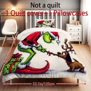 Пододеяльник с принтом рождественских украшений. Супермягкая матовая микрофибра для двуспальной кровати. Удобный комплект с застежкой-молнией и 2 наволочками. One Size