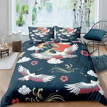 Пододеяльник с японским журавлем King Queen Size Wave Flower Ukiyo-e Style Комплект постельного белья Восточная культура 2/3 шт. Полиэстеровый пододеяльник 135X200cm-2pcs